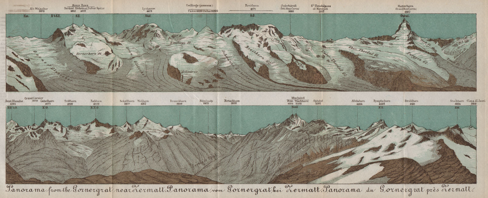 GORNERGRAT PANORAMA. Zermatt Monte Rosa Breithorn Matterhorn Mischabel 1889 map